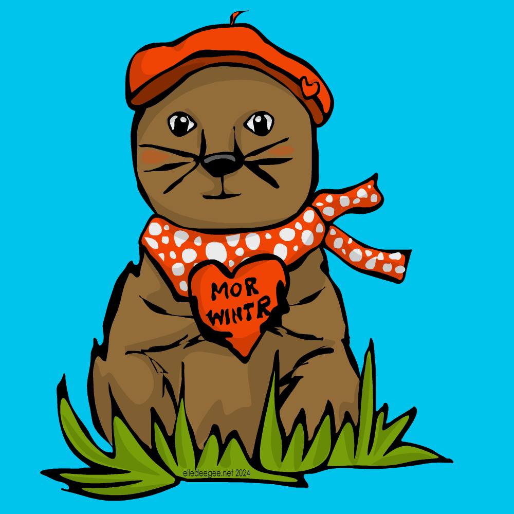 illustration of a brown groundhog sitting in the grass on teal blue background, wearing a red and white polka dotted scarf, red beret, holding a red heart that reads "mor wintr"
