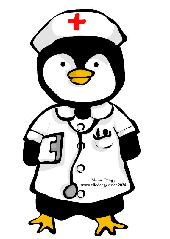 Illustration of a penguin dressed as a traditional nurse in a white cap and dress. They are holding a clipboard and wearing a stethoscope around their neck.